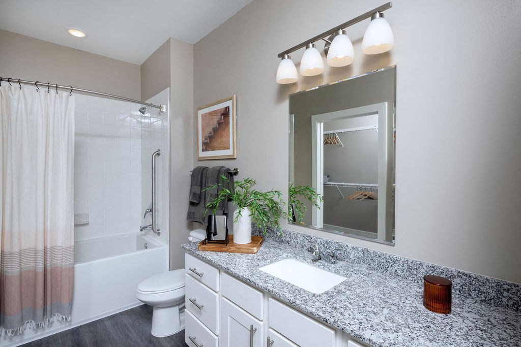 a bathroom with a sink and a shower and a mirror