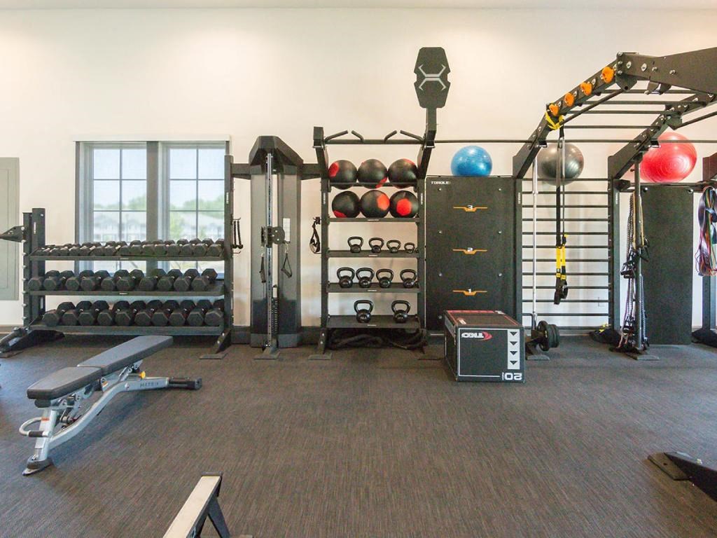 a gym with a lot of equipment and a window