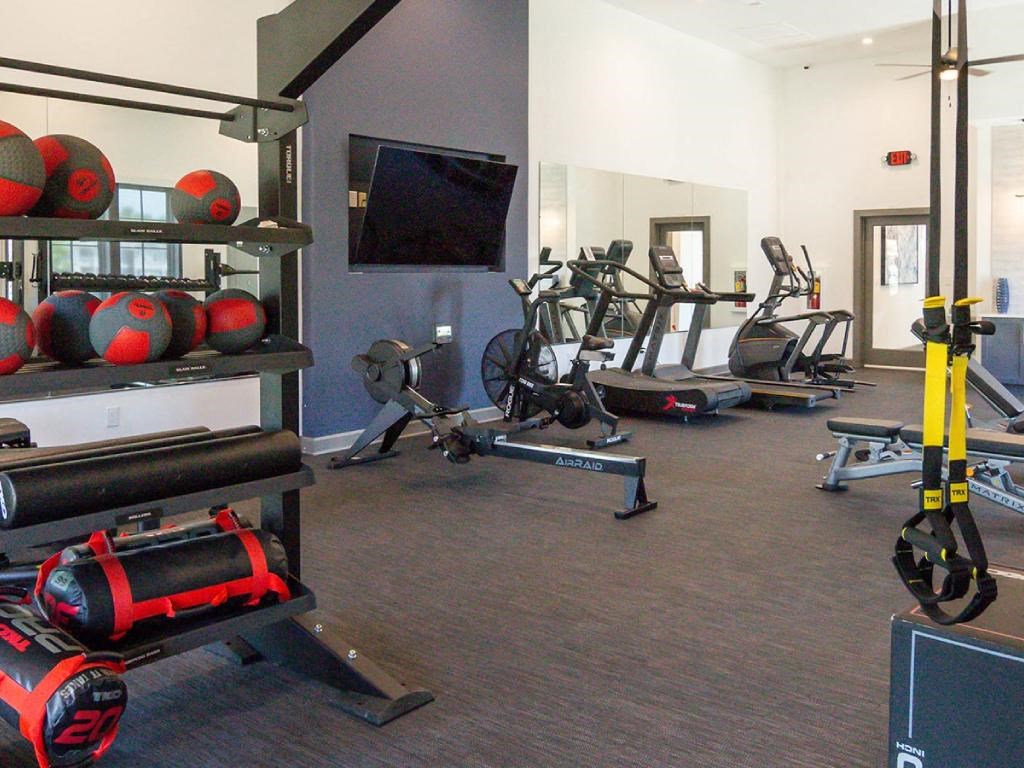 a gym with weights and a tv in the corner