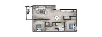 A floor plan of a house with a kitchen, living room, dining room, and two bedrooms.