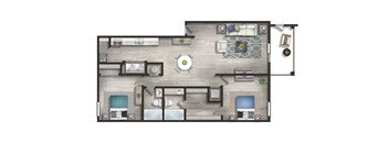 A floor plan of a house with a kitchen, living room, and bathrooms.