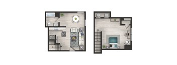 A floor plan of a two-bedroom apartment with a living room, kitchen, and bathroom.