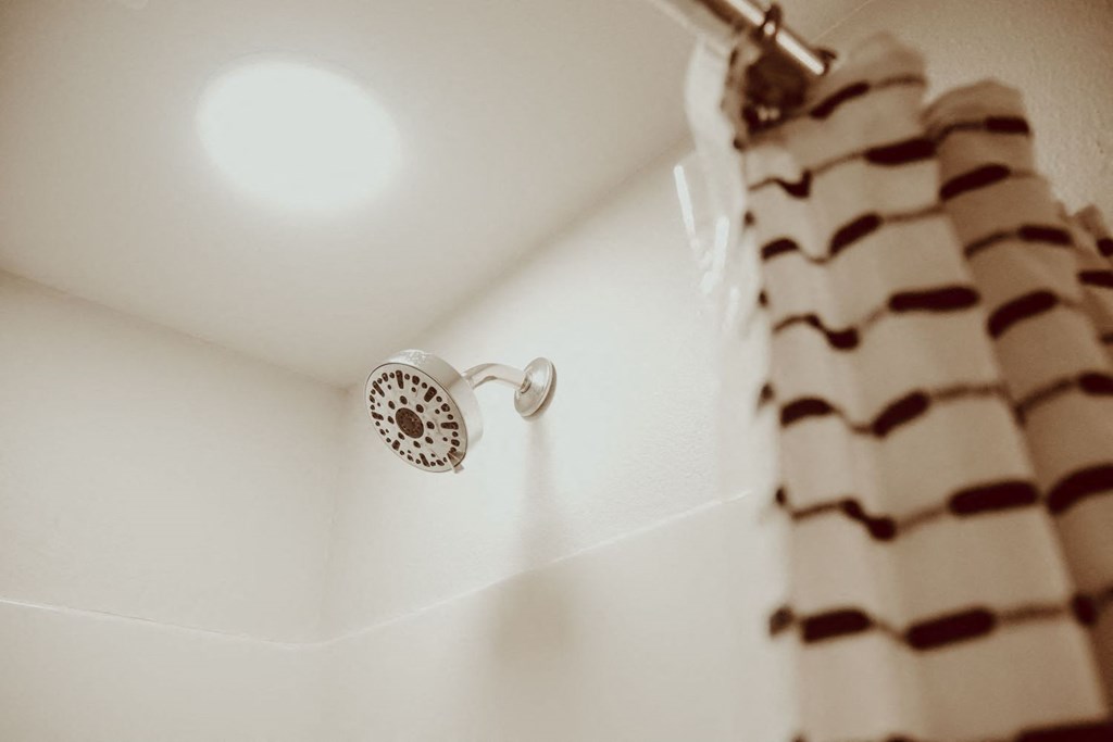 a shower in a bathroom with a shower curtain