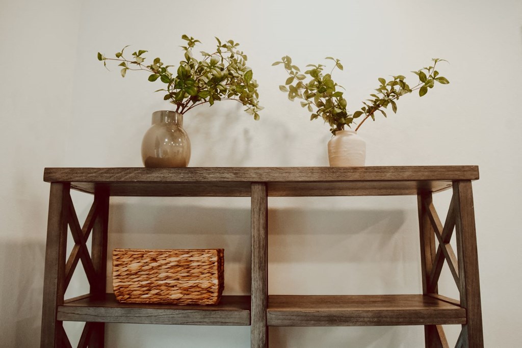 two vases on top of a wooden shelf with plants