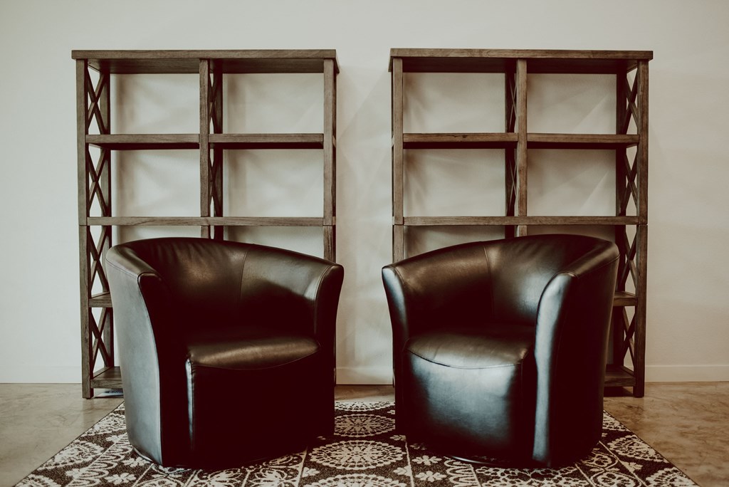 two leather chairs in front of a wall with shelves
