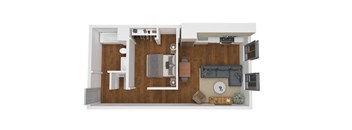 a stylized floor plan with a bedroom and living room