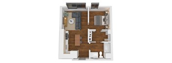 a stylized floor plan with a bedroom and a living room