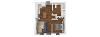 a stylized floor plan with a bedroom and a living room