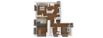 a stylized floor plan with a bedroom and living room
