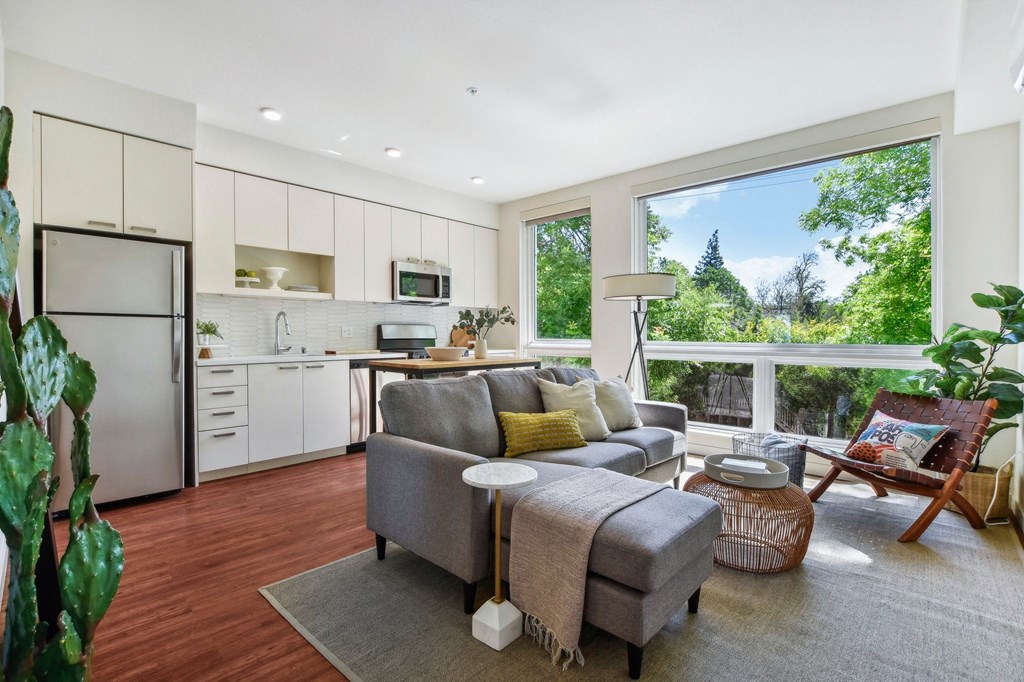 A modern kitchen with a grey sofa and a wooden floor.