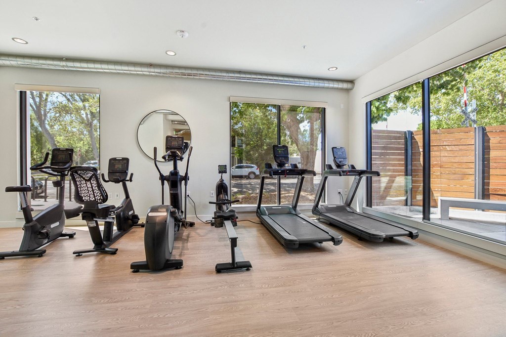 A home gym with a mirror, treadmill, and elliptical machines.
