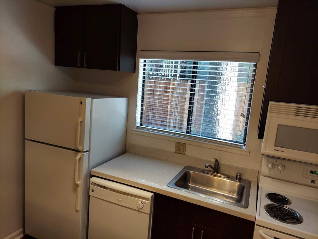 A kitchen with a refrigerator, dishwasher, microwave, and oven.