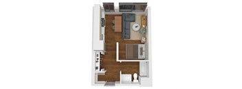 a stylized floor plan with a bedroom and living room