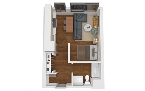 a stylized floor plan with a bedroom and living room