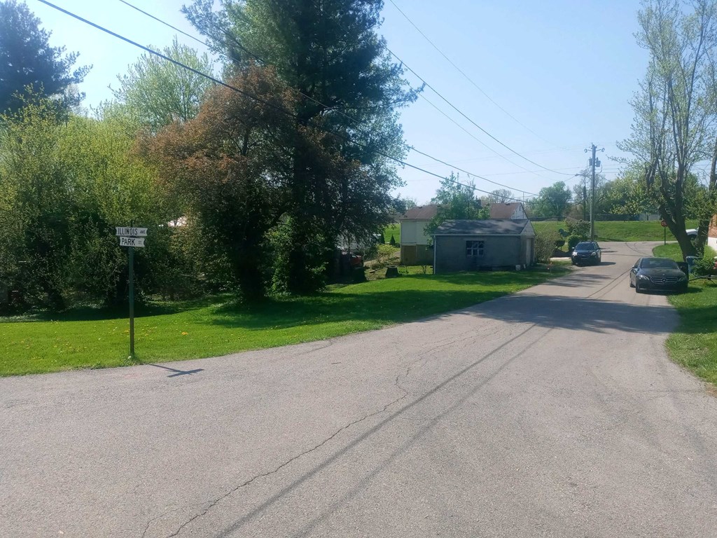 a street with a house and trees on the side of it
