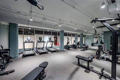 A spacious gym with treadmills, elliptical machines, and weightlifting equipment.