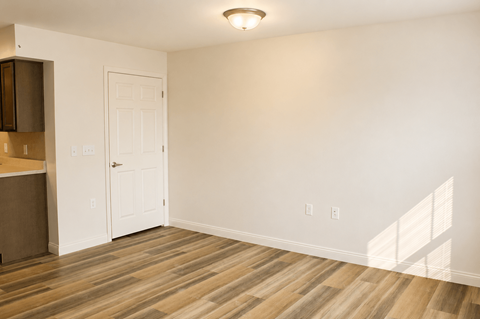 A room with a white door and brown wood flooring.