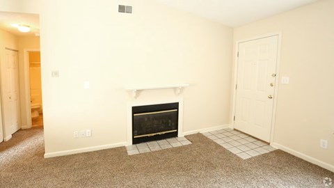 A living room with a fireplace and a carpet.