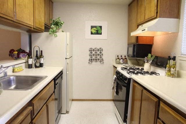 a kitchen with a stove and a sink and a refrigerator