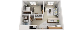 A top-down view of a small apartment with a kitchen, living room, and bathroom.