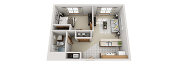 A top-down view of a small apartment with a kitchen, living room, and bathroom.