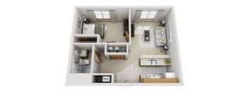 A top-down view of a small apartment with a kitchen, living room, and bathroom.