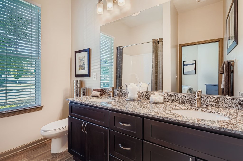 A bathroom with a granite countertop and a large mirror.