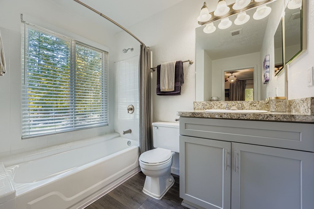 A white toilet sits next to a bathtub in a bathroom.
