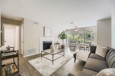 A modern living room with a grey sofa and a glass coffee table.