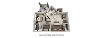 A 3D rendered image of a house layout.