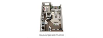 A 3D rendered image of a small apartment layout.