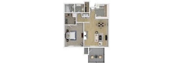 A floor plan of a house with a kitchen, living room, and two bedrooms.