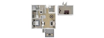 A floor plan of a house with a kitchen, living room, and two bedrooms.