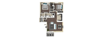 A 3D floor plan of a house showing a kitchen, living room, and two bedrooms.