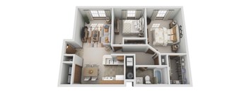 A 3D floor plan of a small apartment with a kitchen, living room, and bathroom.