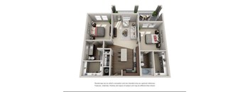 A 3D rendered image of a small apartment layout.