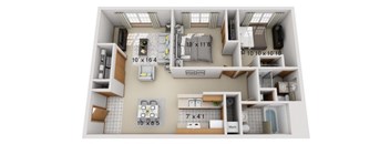 A floor plan of a small apartment with a kitchen, living room, and bathroom.