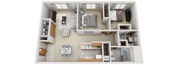 A 3D rendered image of a small apartment layout.