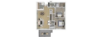 A floor plan of a small apartment with a kitchen, living room, and bathroom.