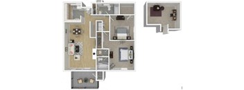 A floor plan of a house with a kitchen, living room, and two bedrooms.
