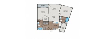 A floor plan of a home with a balcony, two bedrooms, a living room, a dining room, a kitchen, an entry, a laundry area, and a bathroom.