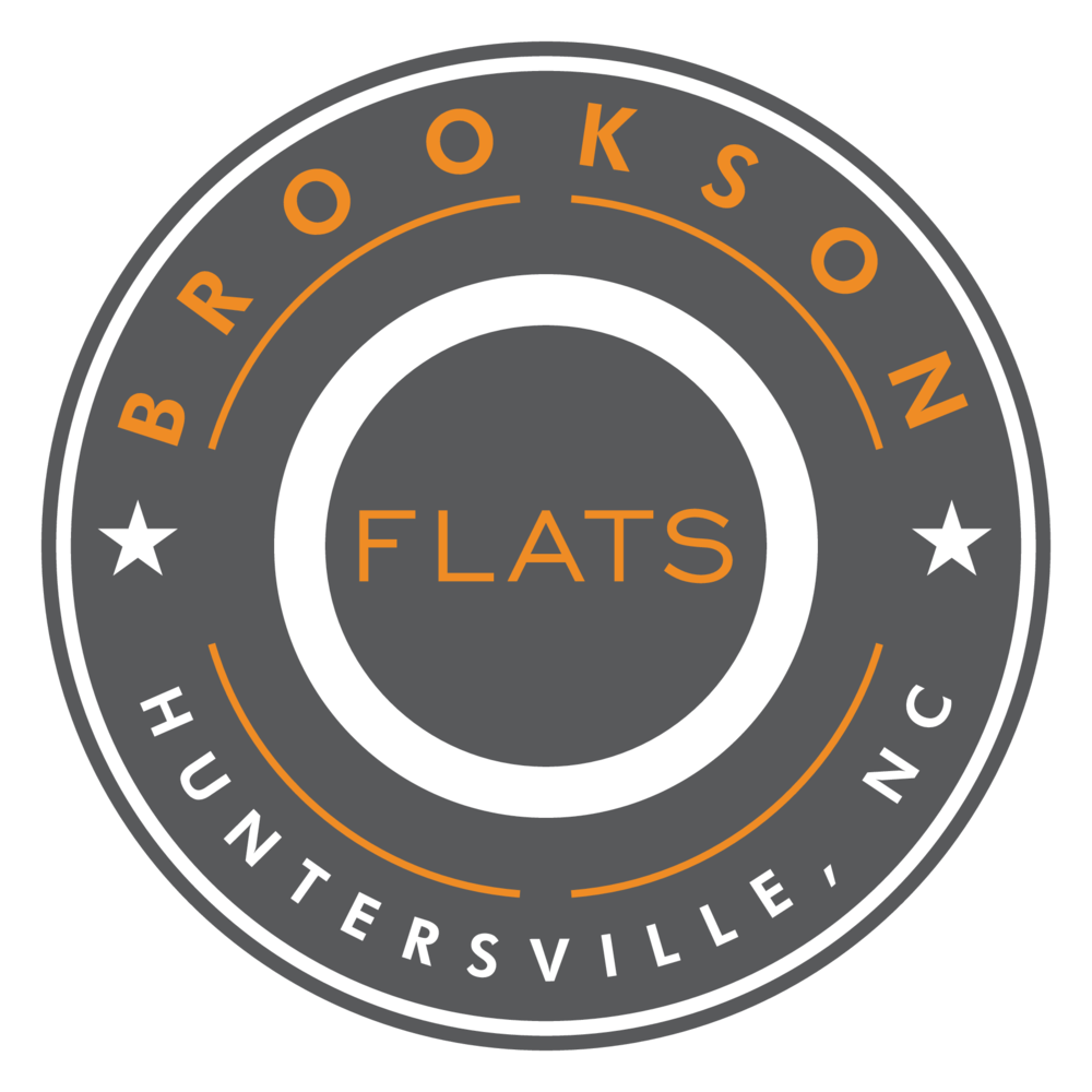 A logo with the words "Brookson Flats Huntersville NC" written in a circular design.
