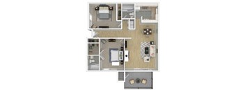 A floor plan of a small apartment with a kitchen, living room, and bathroom.