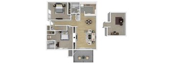 A floor plan of a house with a kitchen, living room, bedrooms and bathrooms.