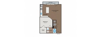 A floor plan of a small apartment with a kitchen, living room, and bathroom.