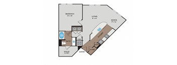 A floor plan of a small apartment with a bedroom, living room, dining room, kitchen, and bathroom.