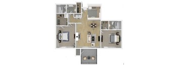 A floor plan of a house with a kitchen, living room, and two bedrooms.