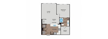A floor plan of a small apartment with a living room, bedroom, kitchen, and bathroom.