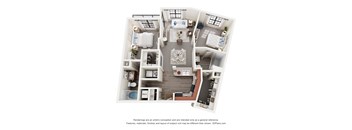 A 3D floor plan of a house with a kitchen, living room, and two bedrooms.