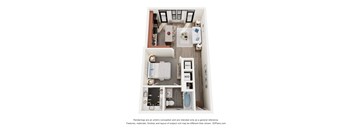 A 3D floor plan of a small apartment with a kitchen, living room, and bathroom.
